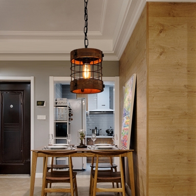 Traditional Cylinder Hanging Ceiling Light 1 Light Wood Pendant Lamp in Brown for Dining Room