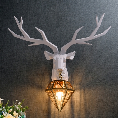 Vintage Deer Wall Light Resin 1 Light Living Room Wall Mount Light with Brass Diamond Metal Shade, 14.5