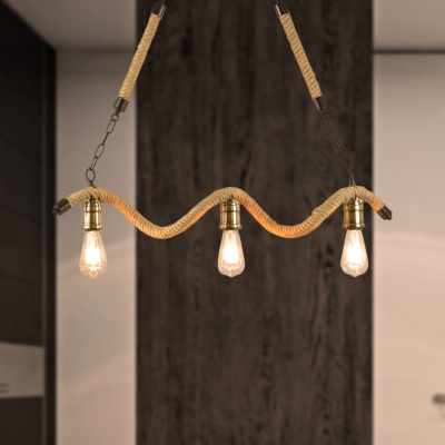 Wavy Design Island Pendant Light Retro Stylish Rope 3 Heads Beige Hanging Hanging Island Light with Bare Bulb