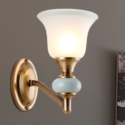 1/2-Light Bell Wall Mounted Light Vintage Style White Glass and Metallic Wall Sconce Fixture in Brass