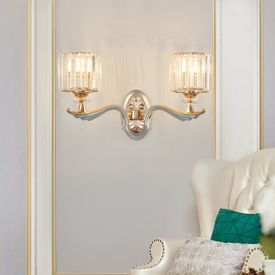 1/2 Lights Cylinder Sconce Light with Clear Crystal Shade Modern Flush Mount Wall Sconce in Silver Finish