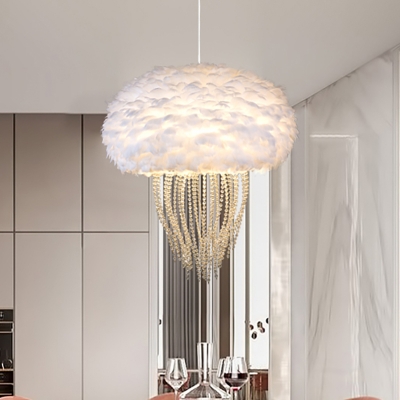 2/3 Bulbs Jellyfish Pendant Light Grey/White Feather Shade Nordic Hanging Ceiling Light with Crystal Accents