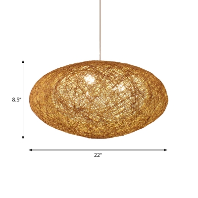 3 Bulbs Oval Pendant Lighting Asian Style Rattan Hanging Light in Wood for Home