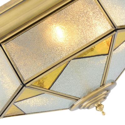 3-Light Opal/Seedy Glass Flush Light Colonialist Gold/Blue Faceted Bedroom Close to Ceiling Lighting