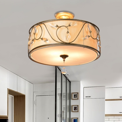 3-Light Round Semi Flush Lamp Traditional Golden Metal Ceiling Light with Crystal Element, 14