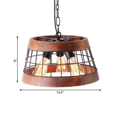 3 Lights Living Room Hanging Pendant Traditional Wood Ceiling Chandelier with Drum Metal