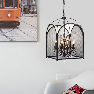 4 Lights Candle Hanging Pendant Light Rustic Black Metal Chandelier Lamp for Living Room with Crystal Deco