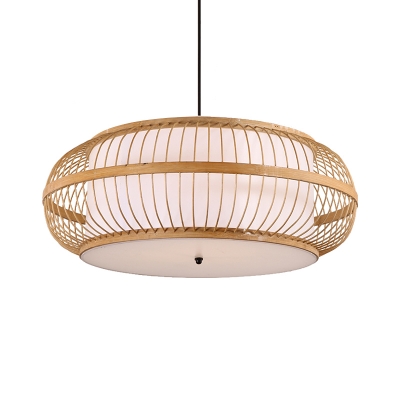 Asian Style Round Pendant Lighting with Diffuser Bamboo 3 Bulbs Hanging Ceiling Light, 18