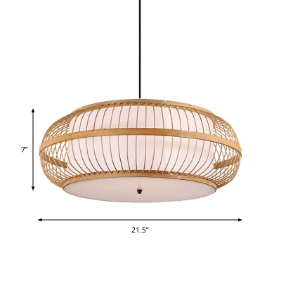 Asian Style Round Pendant Lighting with Diffuser Bamboo 3 Bulbs Hanging Ceiling Light, 18