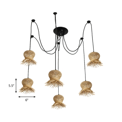 Bamboo Sway Pendant Light 6 Lights Handwoven Asian Hanging Ceiling Light with Adjustable Cord