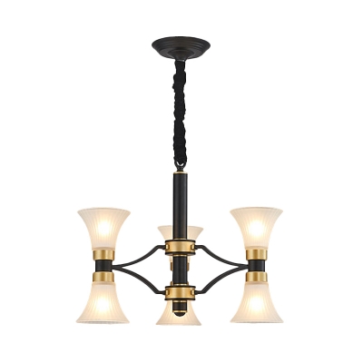 Black and Gold 6/12/16/20-Light Drop Pendant Modern Ribbed Glass Flared Ceiling Chandelier