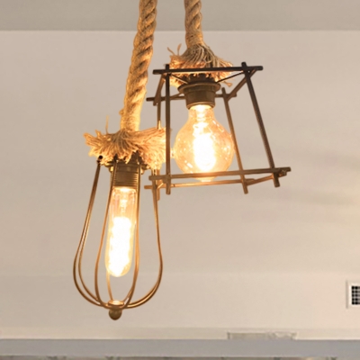 Black Wire Cage Suspension Light Farmhouse Style 2 Bulbs Metal and Rope Pendant Lighting with Different Shade