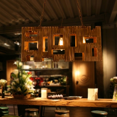 Brown Rectangle Hanging Island Light Country Style 2/3 Lights Wood Pendant Lamp with Hollow Out Design
