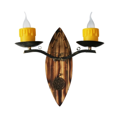 Candle Resin Sconce Light Country 2-Light Dining Room Wall Lighting Fixture in Yellow with Wood Backplate