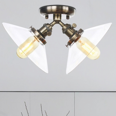 Clear Glass Cone Semi Mount Lighting Industrial Style 2 Bulbs Black/Bronze Ceiling Mounted Light for Restaurant