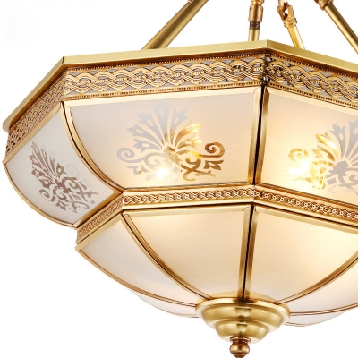 Colonial Dome Ceiling Mount Light Fixture 4 Bulbs Cream Glass Semi Flush Chandelier in Brass for Living Room