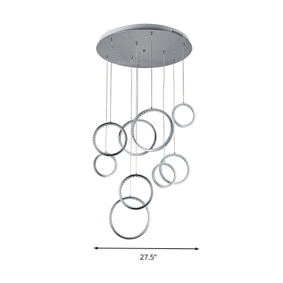 Crystal Circle Cluster Pendant Contemporary 9 Lights Hanging Ceiling Light in Nickel for Corridor, White/Natural Light