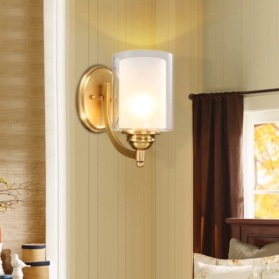 Double Glass Cylinder Wall Lamp Modern Style 1/2-Light Bedroom Wall Mounted Light in Brass