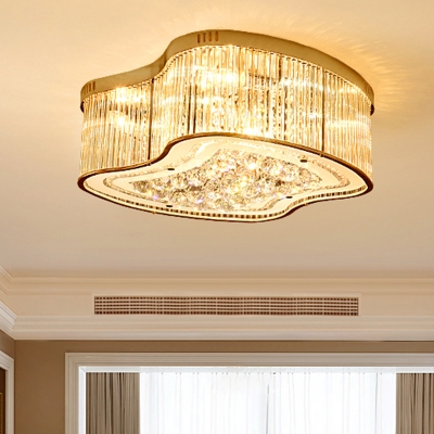 Drum Flush Mounted Light Contemporary Crystal Rod 4 Heads Gold Ceiling Light Fixture for Bedroom