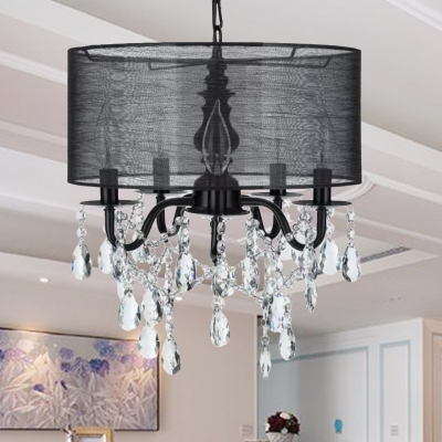 Fabric Shaded Round Hanging Chandelier Traditional 5 Lights Black Pendant Light Fixture with Teadrop Crystal Accent