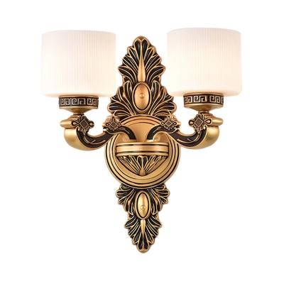 Frosted Glass Drum Sconce Lamp Vintage Stylish 1/2-Head Living Room Wall Mount Lighting in Brass
