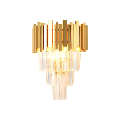 Gold 4 Tiers Sconce Light Fixture Modern 2 Heads Three Side Crystal Rod Wall Mount Light