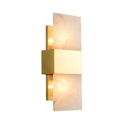 Gold Rectangle Wall Sconce Colonial Marble 2 Bulbs Living Room Flush Mount Wall Light