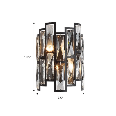 Half Cylinder Wall Lamp Clear Crystal Block 2 Lights Contemporary Wall Mount Lamp in Black