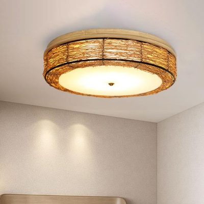 Handwoven Rattan Flush Ceiling Light with Round Shade 3 Bulbs 12.5/16.5 Inch Asian Flush Mount Lighting
