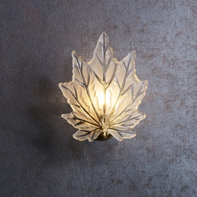Maple Leaf Wall Light Fixture Modernism Clear Crystal 1 Bulb Golden Wall Sconce with Round Backplate