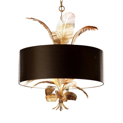 Metal Round Chandelier Lighting Rustic 6 Lights Dining Room Pendant Lamp in Black with Leaves Deco