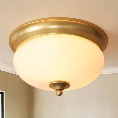 Oval Bedroom Flush Mount Light Colonial Blown Opal Glass 2 Bulb Brass Close to Ceiling Lamp