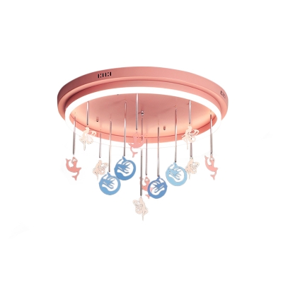 Pink/Blue Round Led Flush Mount Fixture Kids Acrylic Flush Chandelier with Mermaid/Star Decoration, 18