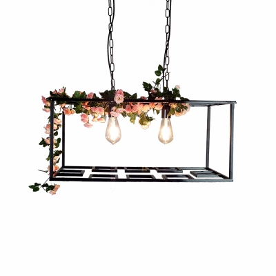 Rectangle Cage Hanging Lamp Vintage Metallic 2 Bulbs Ceiling Chandelier with Flower Decoration in Black