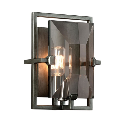 Rectangle Crystal Shade Wall Light Fixture Vintage 1 Bulb Wall Sconce in Smoke Gray for Hallway