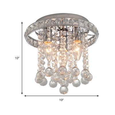Round Ceiling Lighting with Crystal Accents Contemporary 3 Bulbs Living Room Ceiling Mounted Light in Chrome Finish