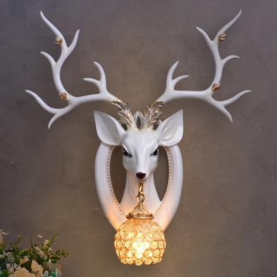 Vintage White/Brown Deer Sconce Light Fixture Resin 1 Light Living Room Wall Lamp with Crystal and Metal Dome Shade