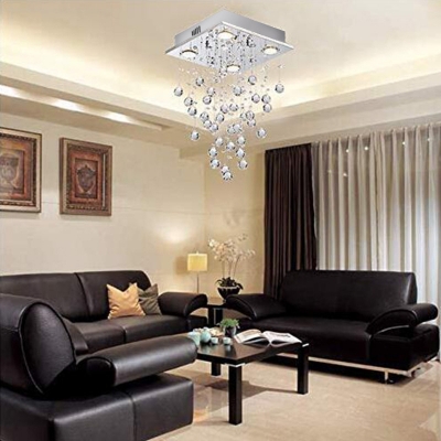 White Cascade Flush Mount Lighting Contemporary 4 Lights Clear Crystal Flushmount Ceiling Lamp for Living Room