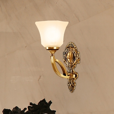 1/2-Head Wall Mount Lighting Vintage Style Bell Opal Glass Wall Sconce Lamp with Golden Metal Backplate