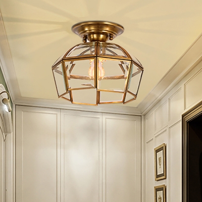 1 Bulb Beveled Ceiling Mount Colonial Brass Clear Glass Flush Light Fixture for Foyer