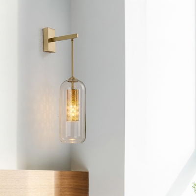 1 Bulb Capsule Wall Light Sconce Modern Stylish Clear Glass Shade Indoor Wall Lighting with Gold Arm