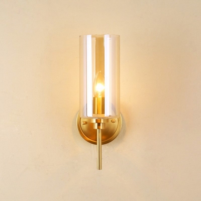 1 Bulb Clear Glass Wall Sconce Lighting Colonial Brass Cylindrical Indoor Wall Light Fixture