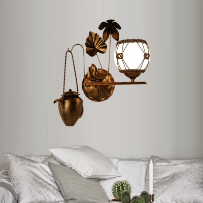 1 Light Dining Room Wall Lighting Idea Country Antique Brass Sconce Light Fixture with Orb Opal White Shade
