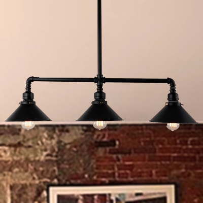 3 Lights Dining Room Island Pendant Light Industrial Style Black Hanging Lamp with Conic Metal Shade