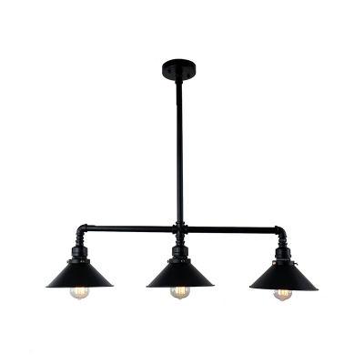 3 Lights Dining Room Island Pendant Light Industrial Style Black Hanging Lamp with Conic Metal Shade