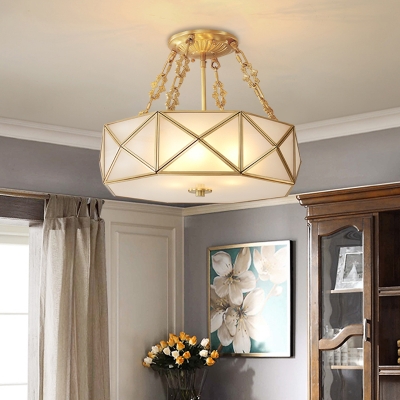 4 Bulbs Beveled Ceiling Flush Mount Colonial Brass Satin Opal Glass Semi Mount Lighting for Bedroom