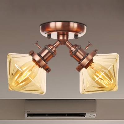 Amber/Clear Glass Diamond Ceiling Flush Mount Vintage Style 2 Heads Black/Bronze Semi Flush Mount Light over Table