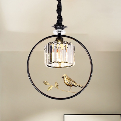 Black/Gold Metal Ring Lighting Pendant with Bird Country 1 Light Ceiling Light with Cylinder Crystal Block Lampshade