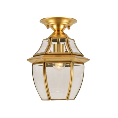 Brass 1 Head Flush Mount Lamp Colonialism Clear Bevel Glass Lantern Ceiling Fixture for Living Room