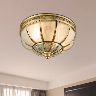 Brass 2/3 Heads Flush Mount Lamp Colonialism Sandblasted Glass Bowl Ceiling Fixture for Bedroom, 12
